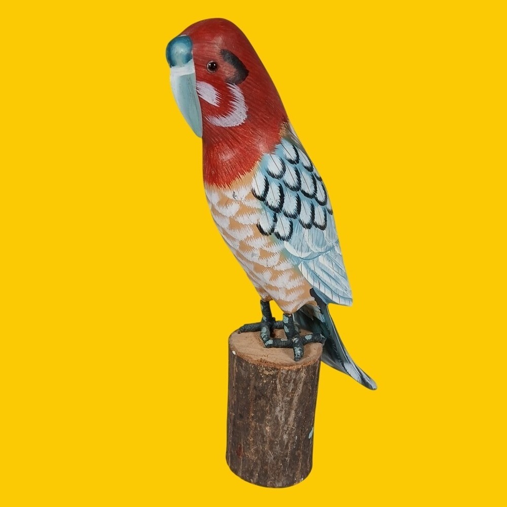 Hand Carved Wooden Parrot Figurine Perched on Log Red Blue Painted Bird 9.5"